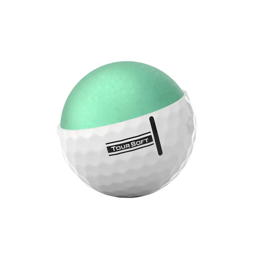 Cutaway of a Titleist golf ball with green insides and white bottom on a white background