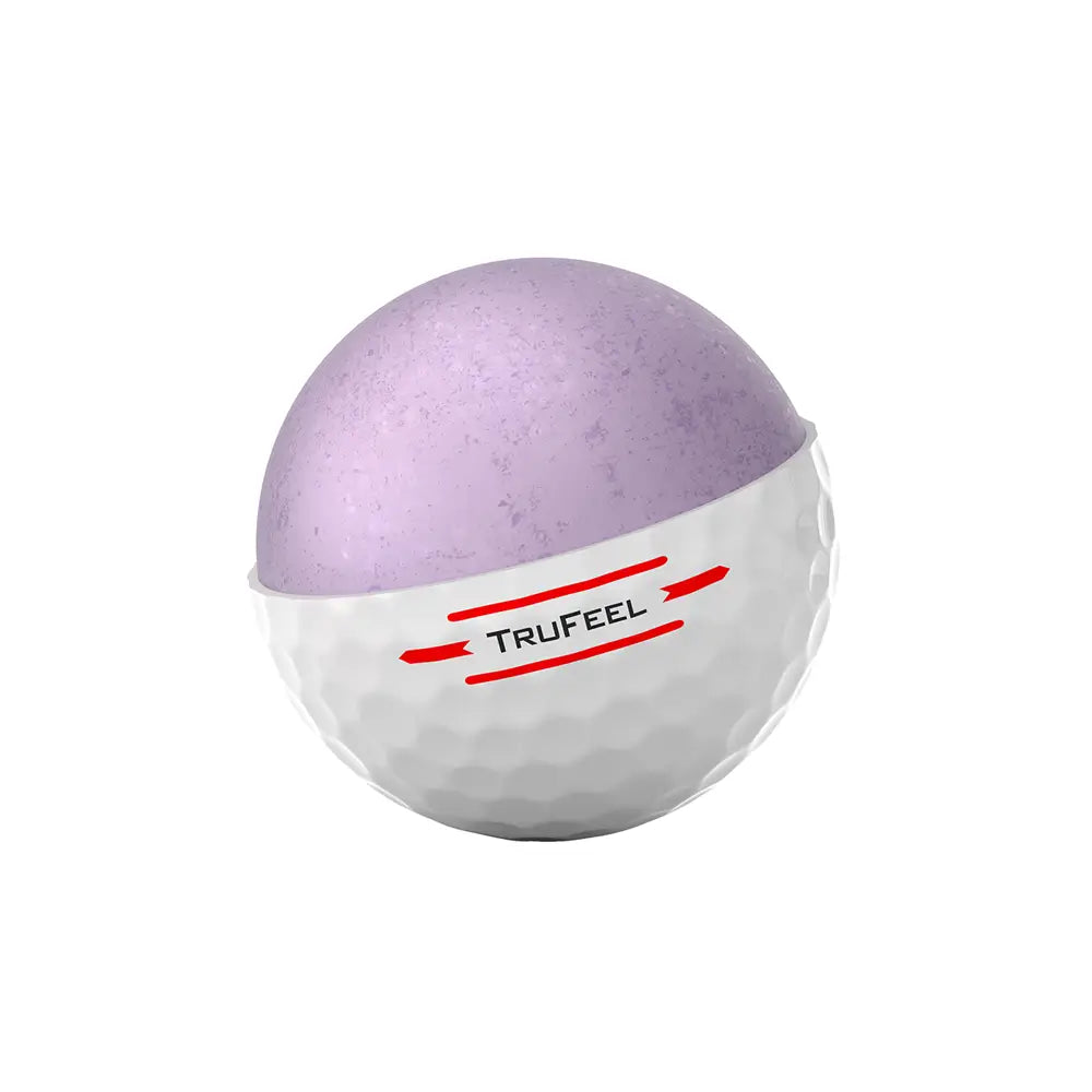 Cut away of a Titleist golf ball with purple insides and 'TruFeel' branding on a white background