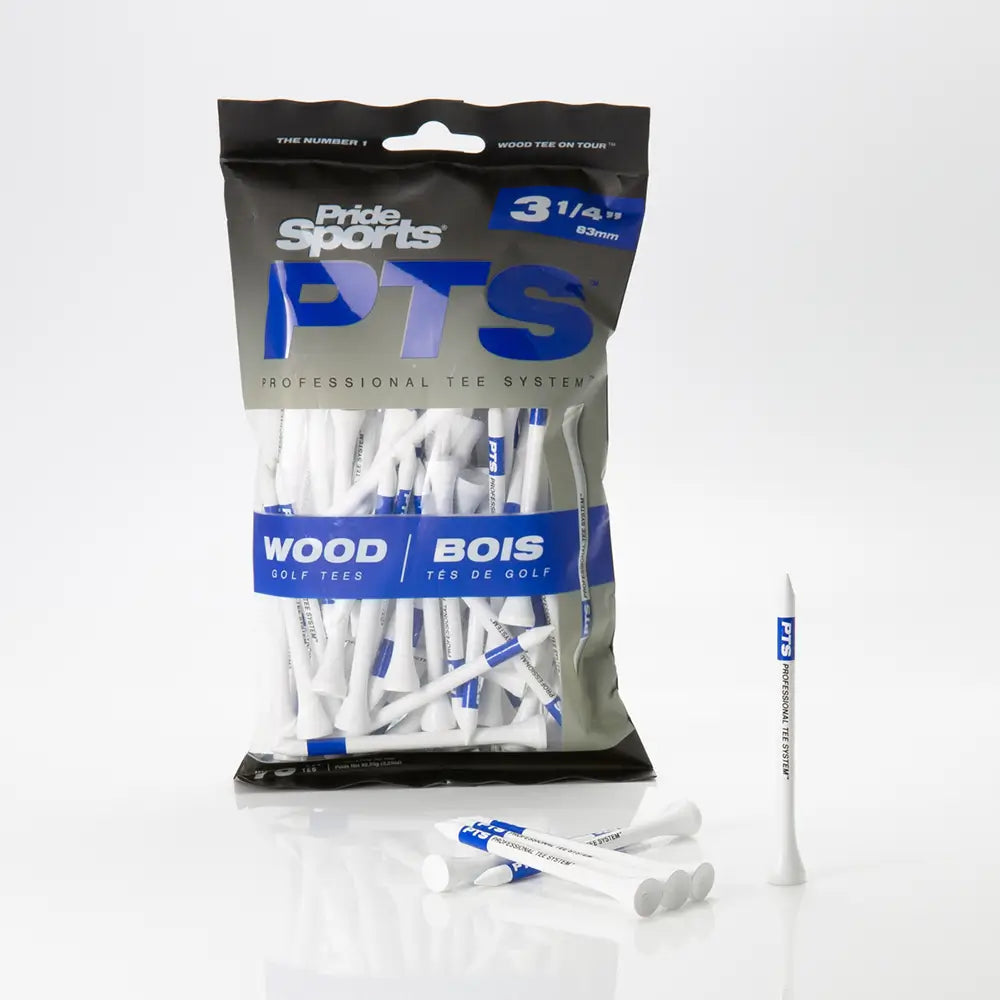 Package of PrideSports PTS golf tees on a white background