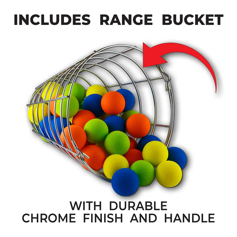 Metal range bucket with colorful balls and text highlighting features