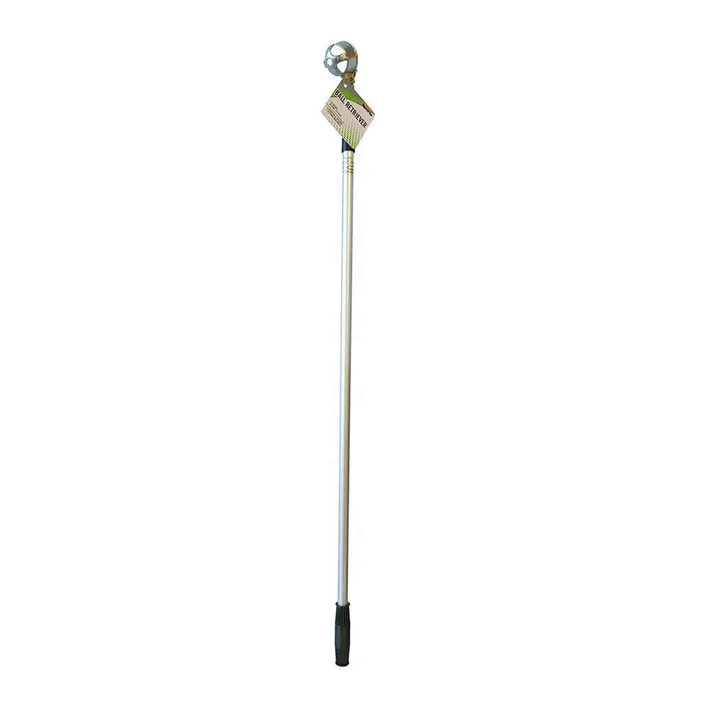Metal pole with golf ball retrieving head attachment on one end and a handle on the other on a white background.