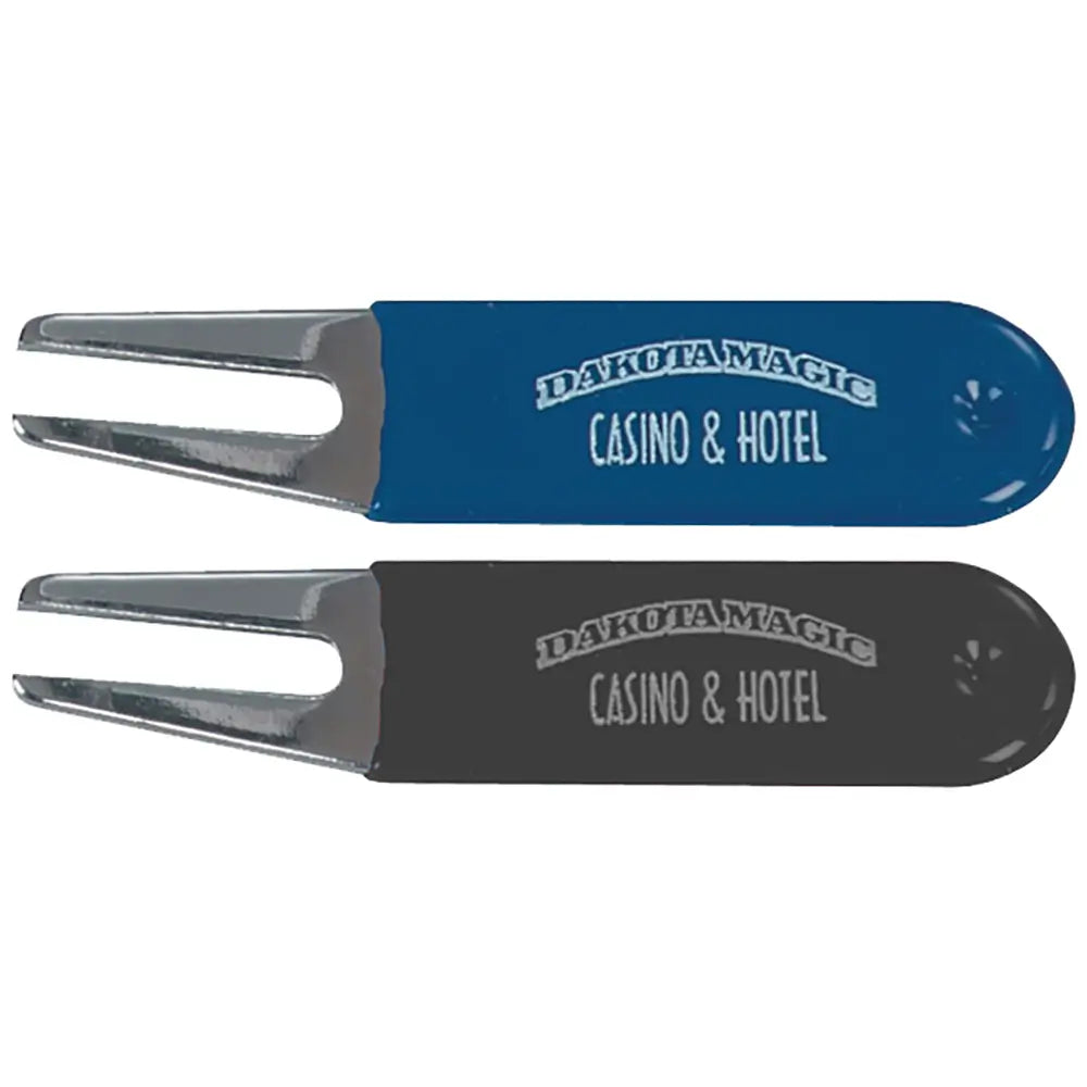 Two blue and black golf divot tools with 'Dakota Magic Casino & Hotel' branding on a white background.