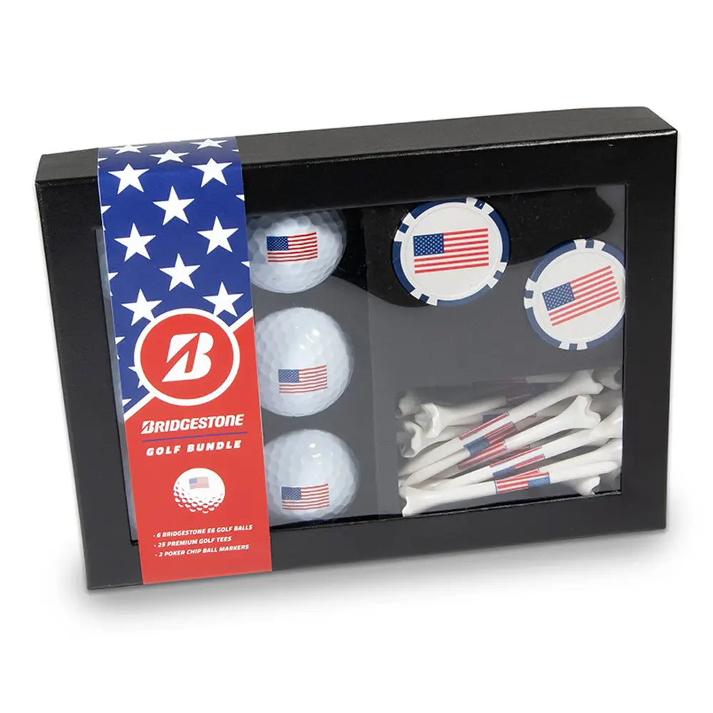 Bridgestone golf bundle set with golf balls, tees, and markers with a flag design