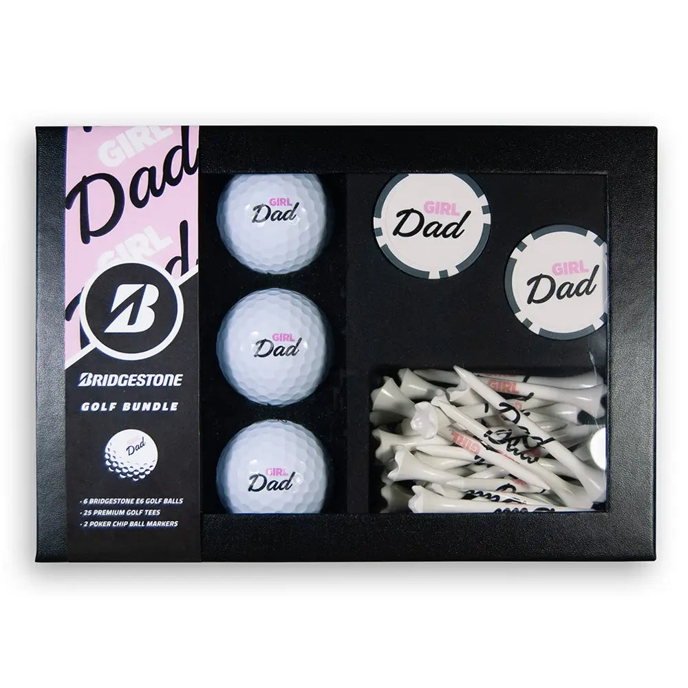 Golf ball and tees set with 'Girl Dad' and Bridgestone branding in a black box.