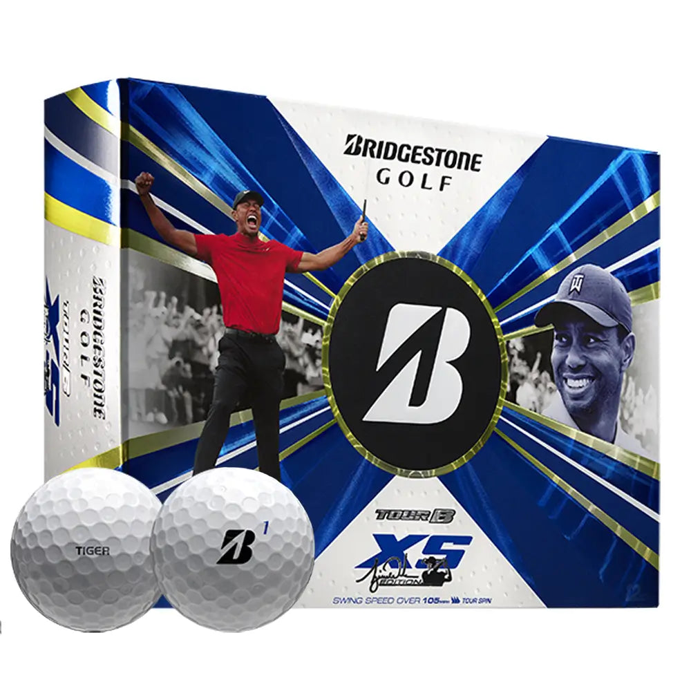 Bridgestone golf ball packaging with a golfer celebrating and the Bridgestone logo.