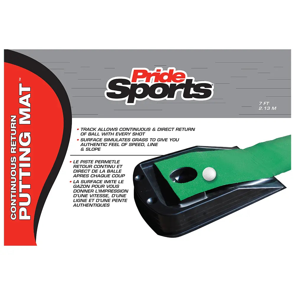 PrideSports putting mat packaging with green mat and black border on a white background