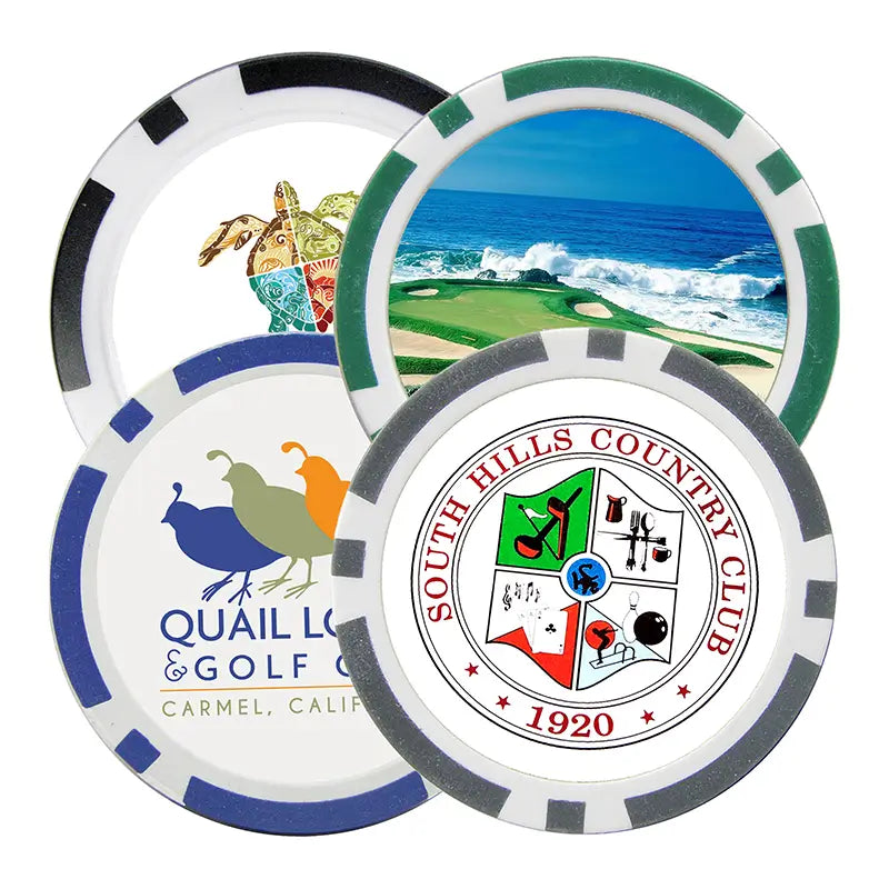 A collection of personalized poker chip ball markers with various designs, including logos and text, on a white background.