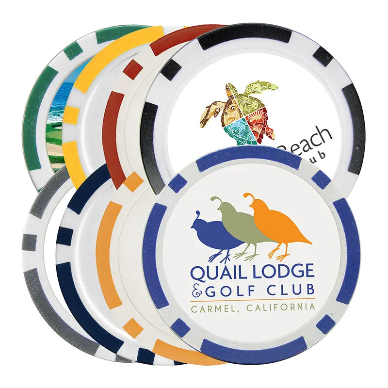 A collection of personalized poker chip ball markers with various designs, including logos and text, on a white background.