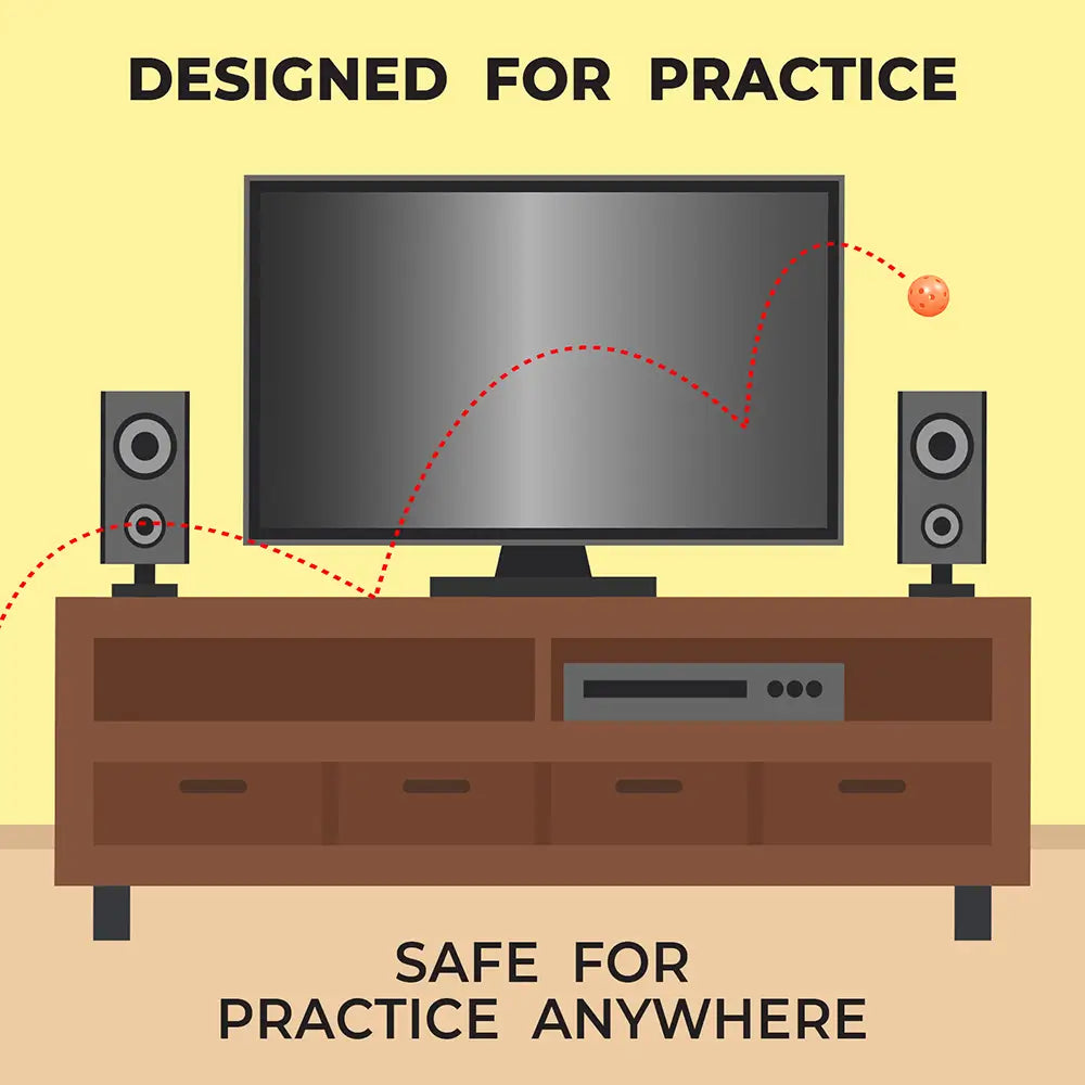 Illustration of a TV setup with speakers and a console, labeled 'Designed for Practice Safe for Practice Anywhere'.