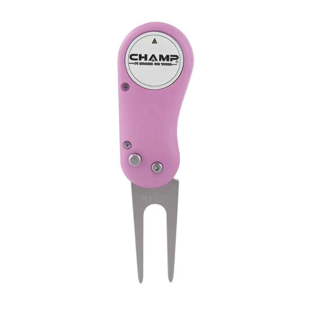 Pink golf divot tool with 'Champ' branding on a white background