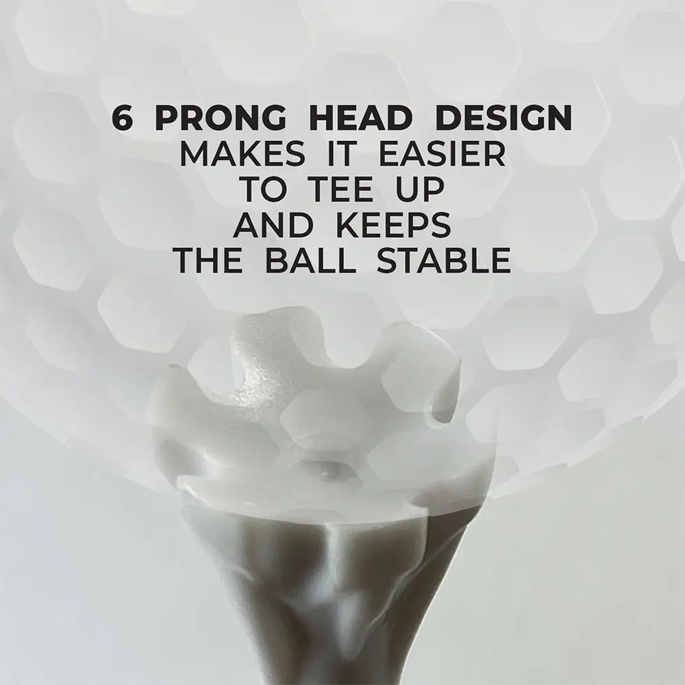 Close-up of a golf ball sitting on a golf tee with text about its design on a light gray background
