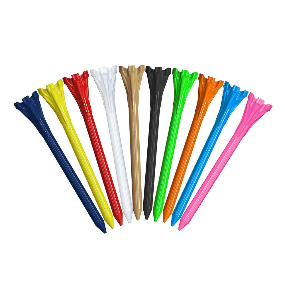 Assorted colored golf tees on a white background