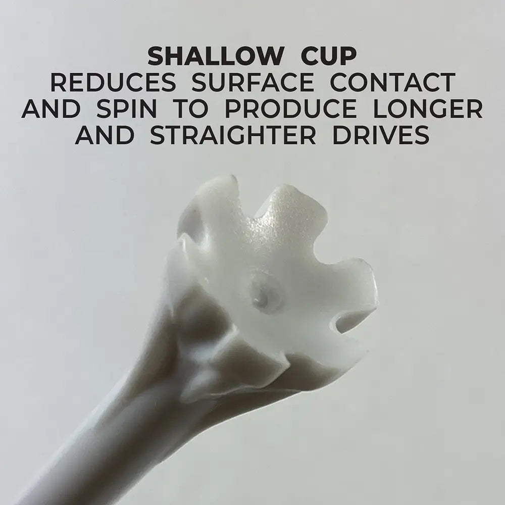 White golf tee cup with text explaining its design features on a gray background
