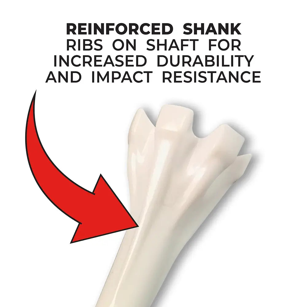 White golf tee shaft with reinforced shank and ribs highlighted, text indicating increased durability and impact resistance.