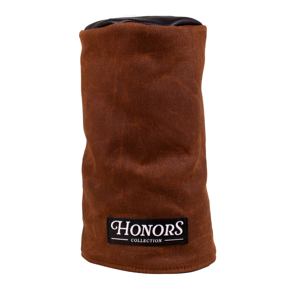 Brown cylindrical waxed canvas Barrel Driver Headcover with a black HONORS COLLECTION label at the bottom.