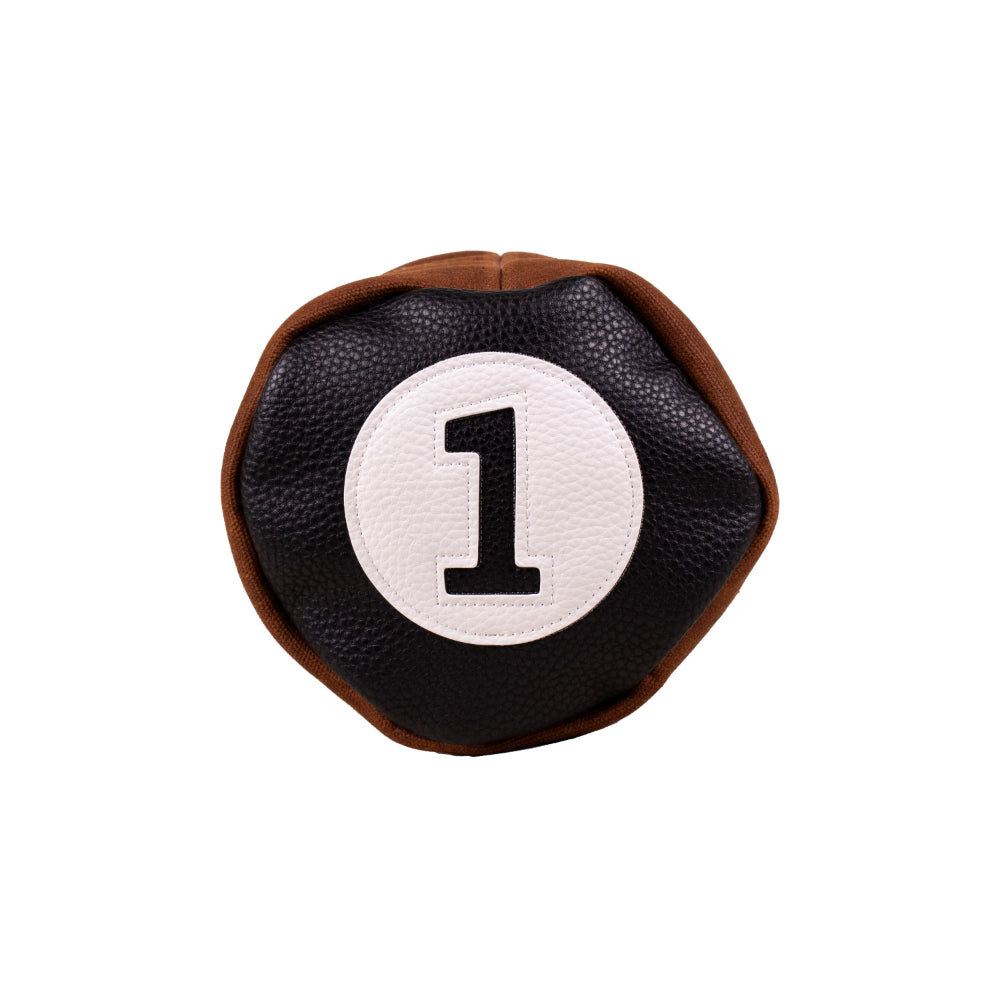Barrel Driver Headcover in black waxed canvas, featuring a white circular patch with the number one in the center from the Honors Collection.