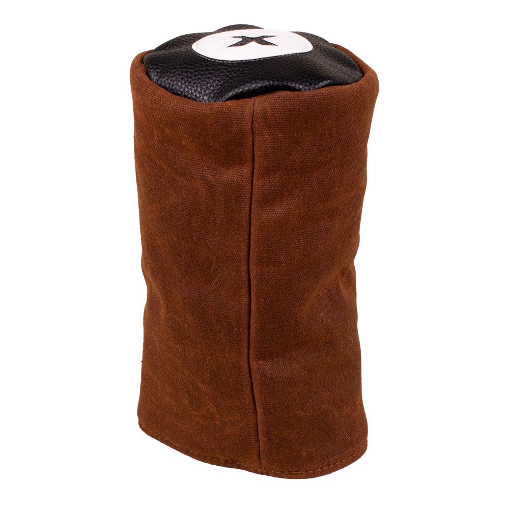 Barrel Fairway Wood Headcover in brown waxed canvas with a black leather top featuring a white circular logo.