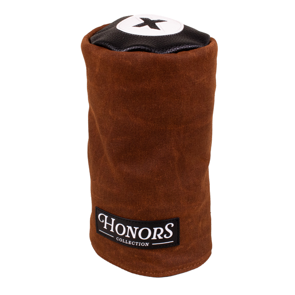 Barrel Fairway Wood Headcover: brown cylindrical waxed canvas with a black top featuring a white X and a black rectangular patch at the base labeled HONORS COLLECTION.