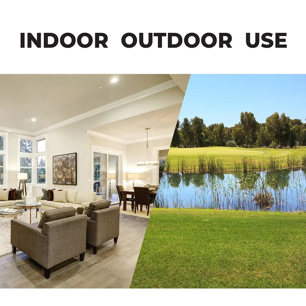 Living room interior with furniture and outdoor view of a lake and trees.