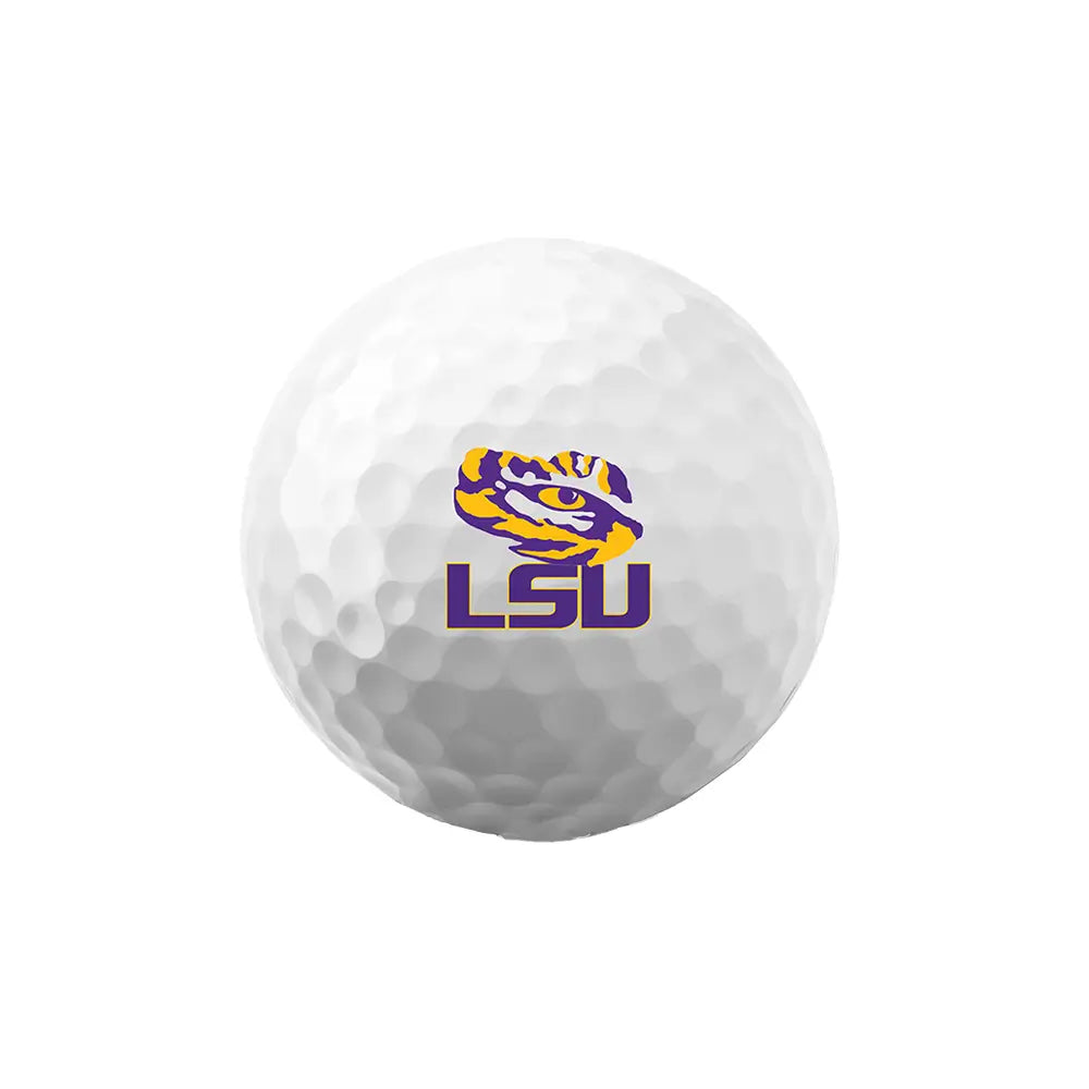 White golf ball with LSU logo on a white background