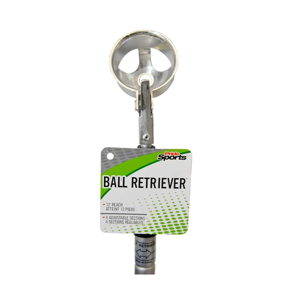 Circular metal cup shaped golf ball retriever at the end of a pole with retail packaging from PrideSports on a white background