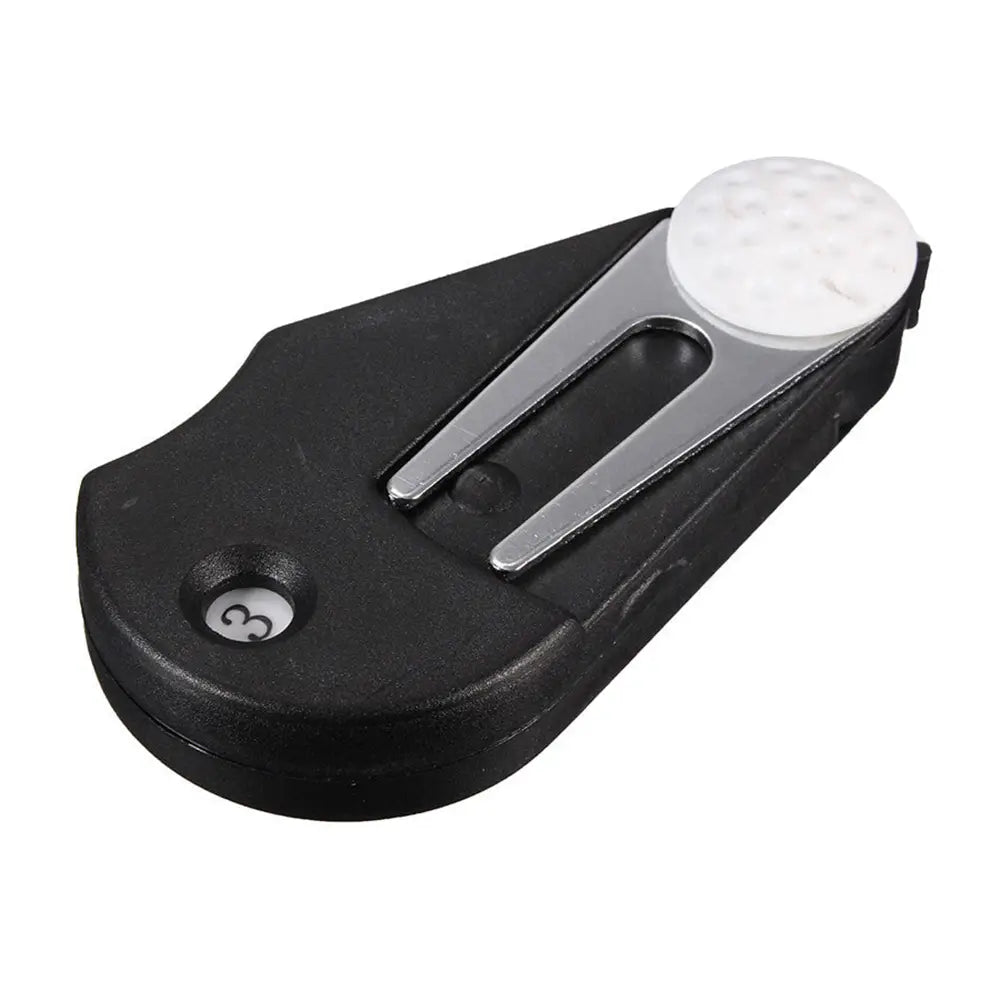 Golf multi tool (folded) with black base and silver clip on a white background