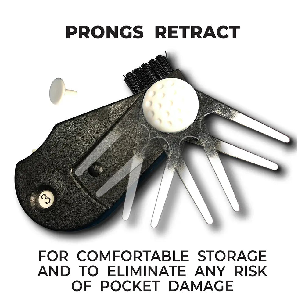 Golf multi tool with prongs retracting, showing a golf ball marker on a white background.