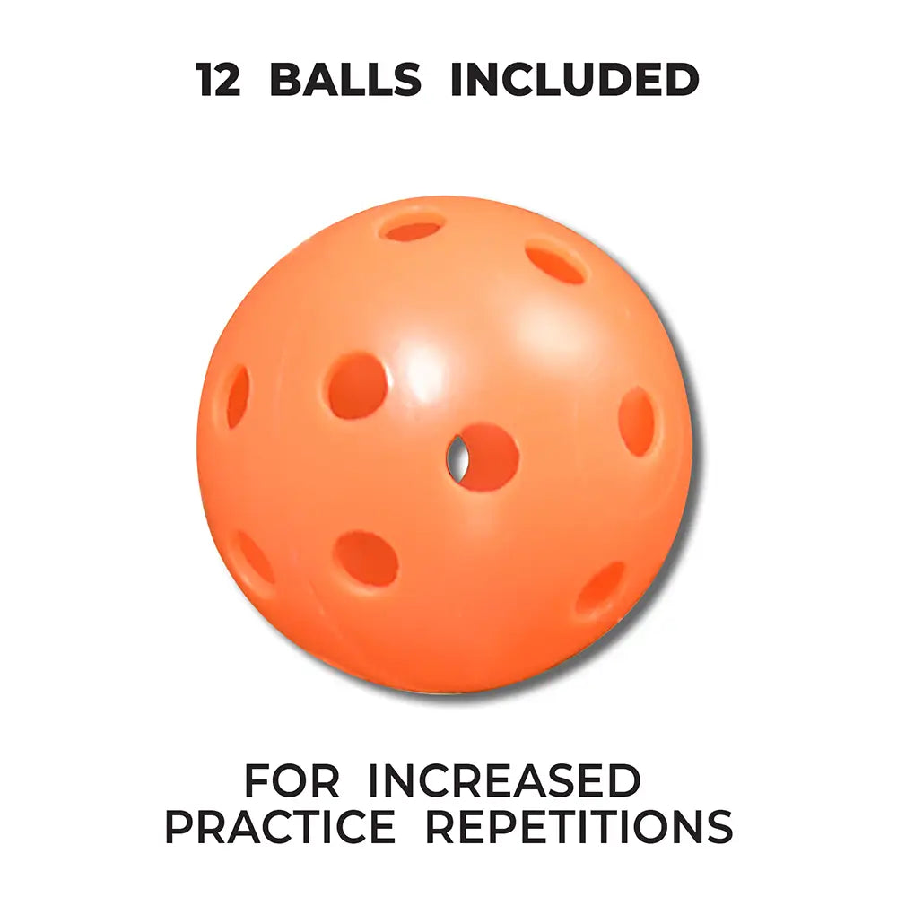 Orange practice golf ball with holes on a white background, labeled '12 Balls Included' and 'For Increased Practice Repetitions'.