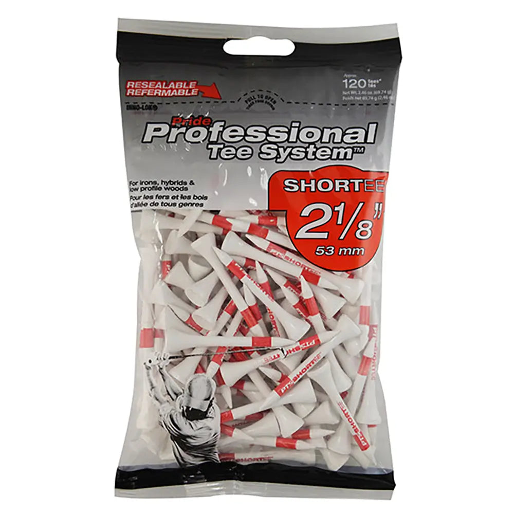 Package of Red and White Golf Tees with branding on a white background