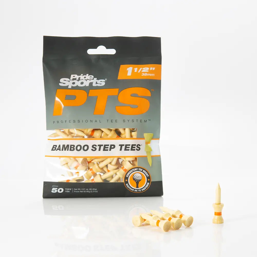PrideSports PTS Bamboo Step Tees packaging with tees on a white background