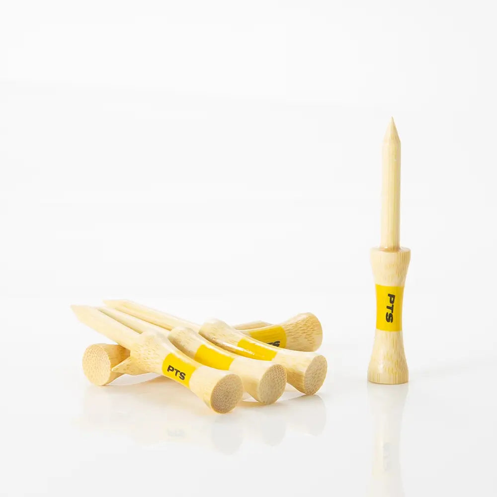 Set of PTS bamboo step golf tees on a white background