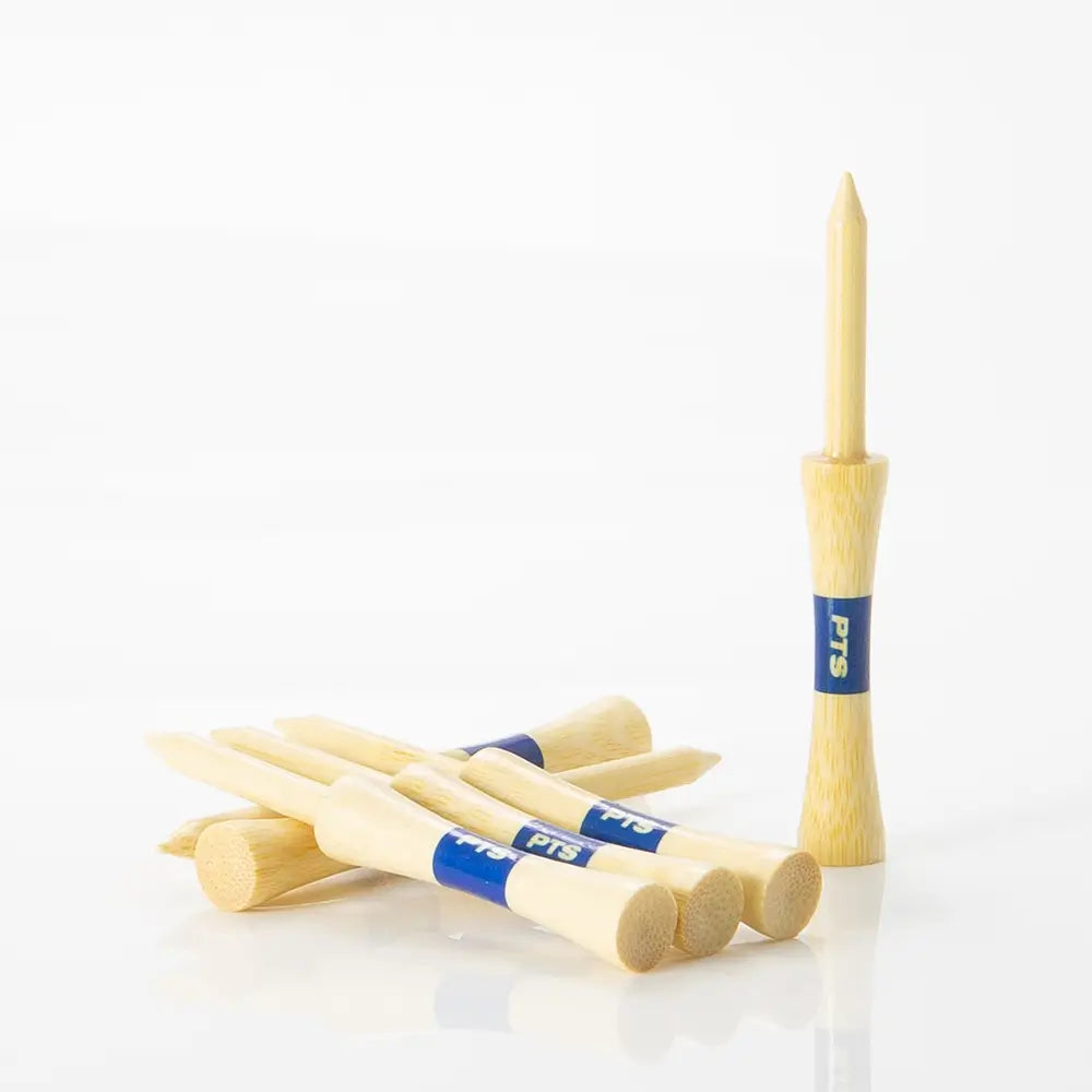 Set of bamboo golf tees with blue labels on a white background