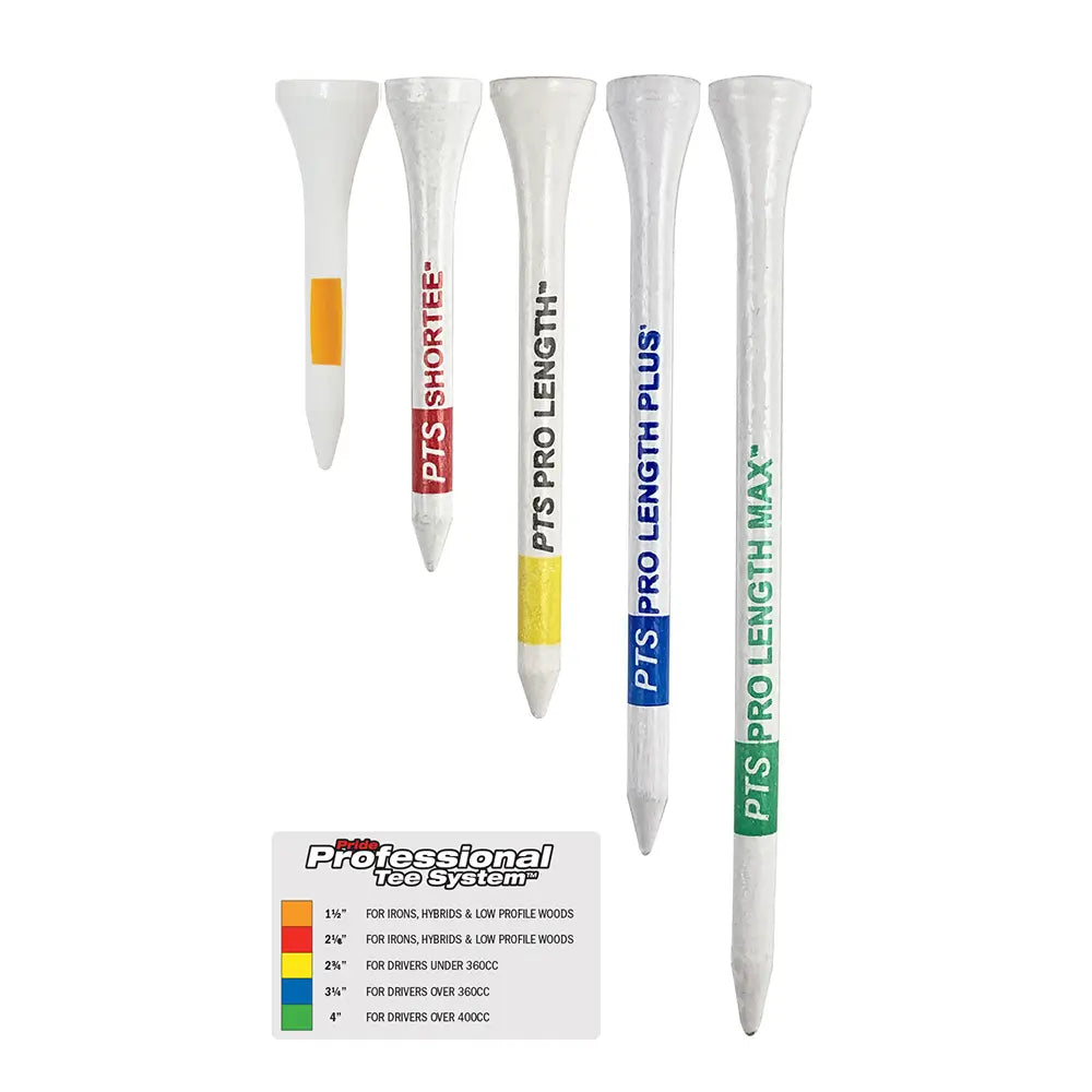 Set of PTS Pro Length Plus golf tees with a label on a white background