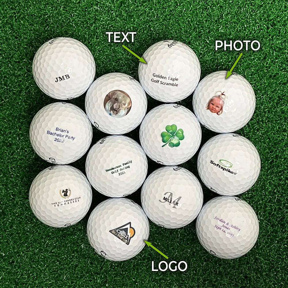 Collection of personalized Callaway golf balls with various text, photo, and logo elements on a grass background.