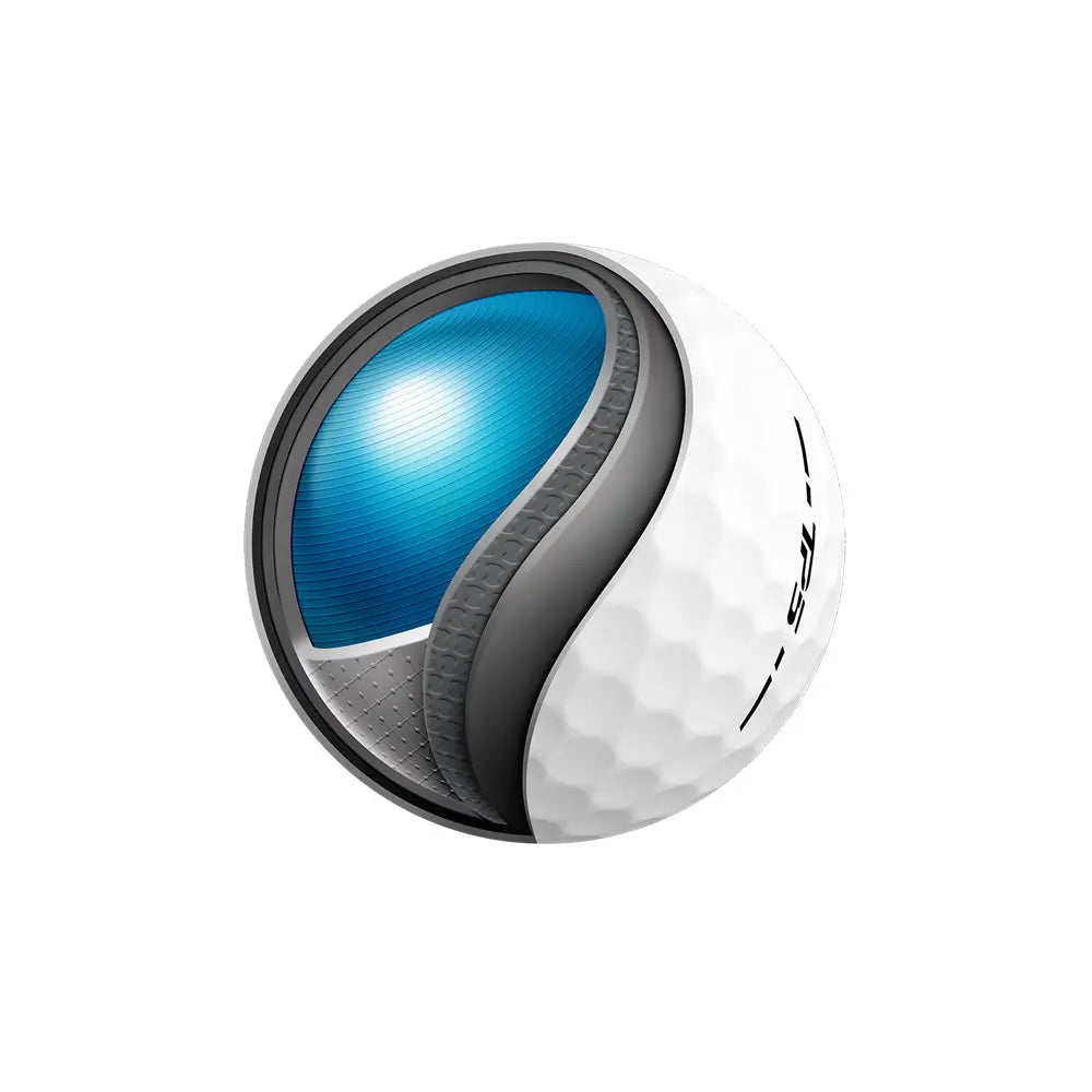 Cut open diagram of a golf ball with a blue interior on a white background
