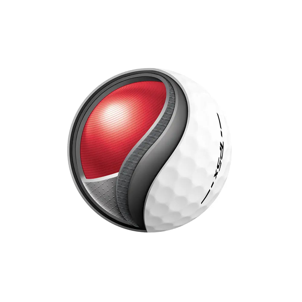 Golf ball diagram showing red and black insides on a white background