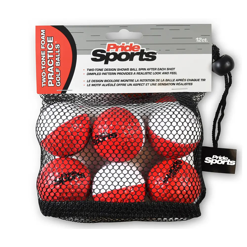 Pack of red and white foam practice golf balls in a mesh bag with PrideSports packaging.