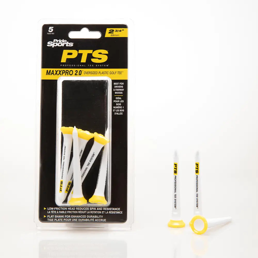 Packaged PTS MaxxPro 2.0 golf tees with a white background