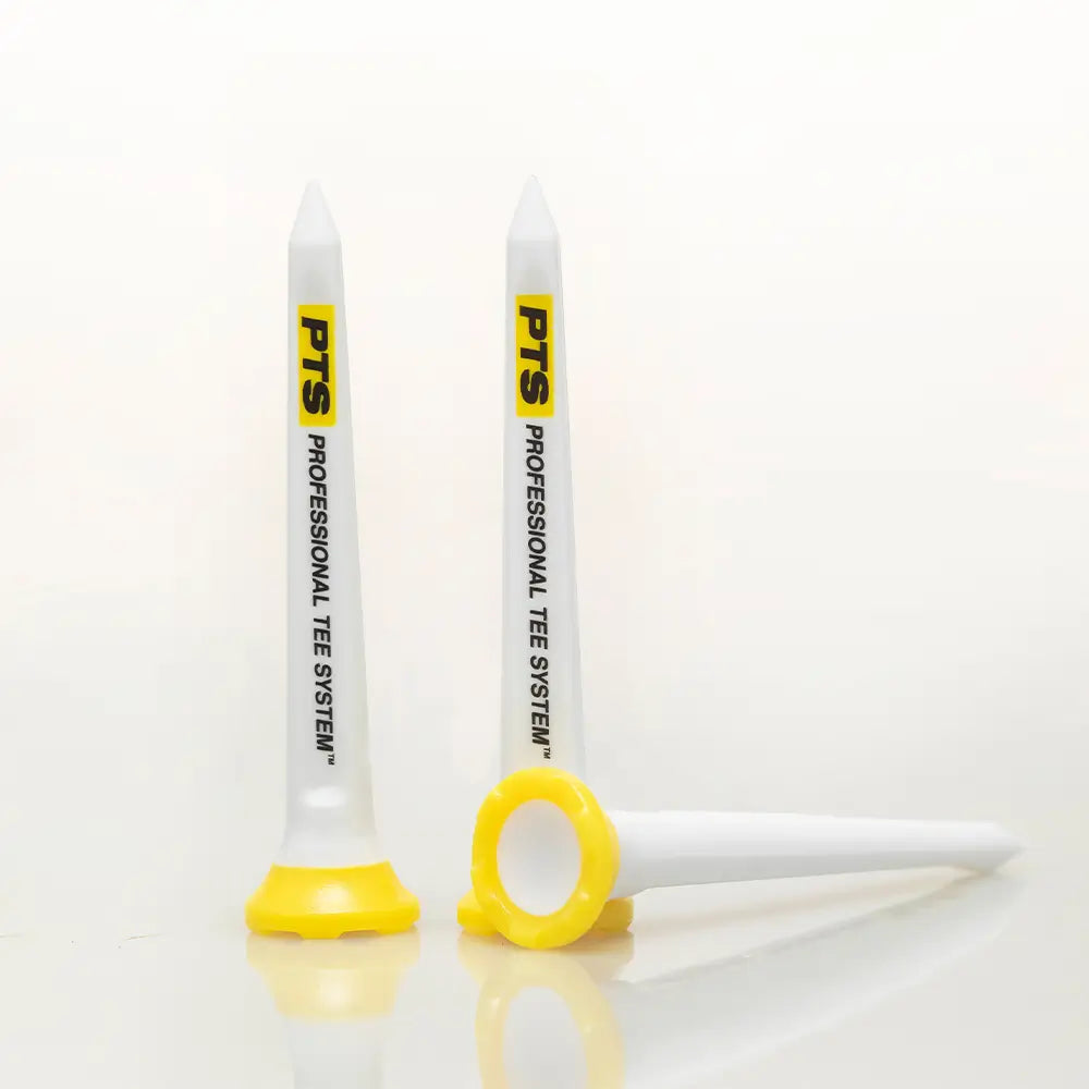 Three PTS Professional Tee System golf tees on a white background