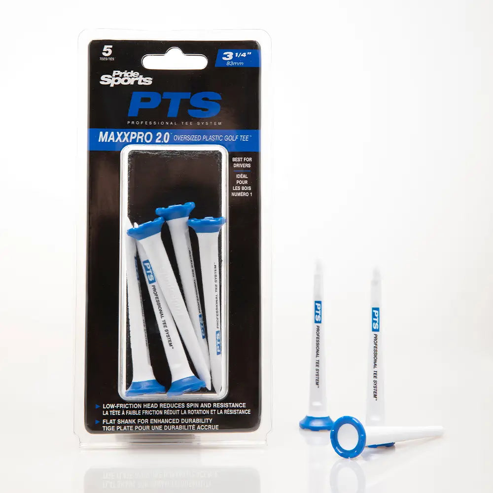 Pride Sports PTS MaxxPro 2.0 golf tees packaging with loose tees on a white background