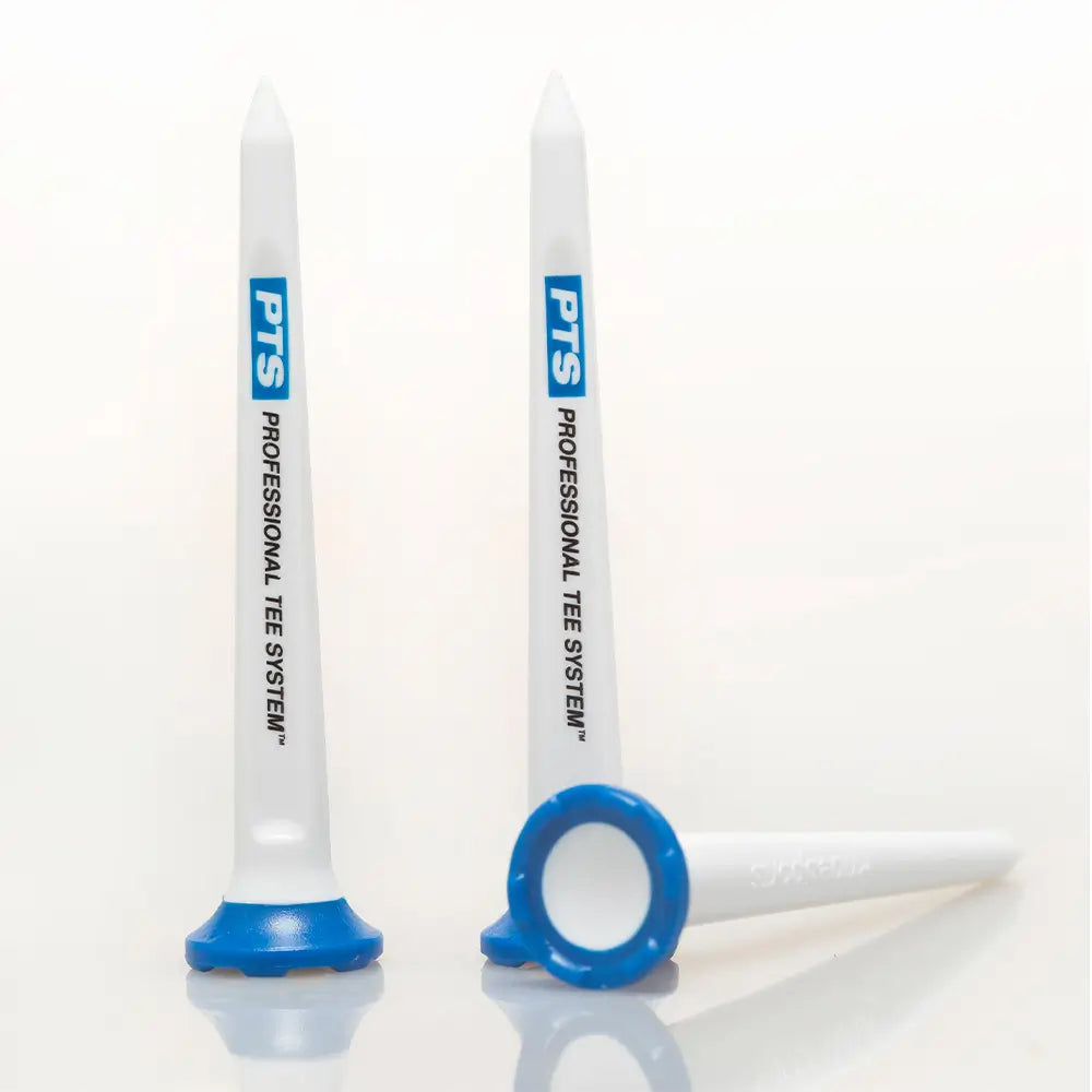 Three PTS Professional Tee System golf tees on a white background