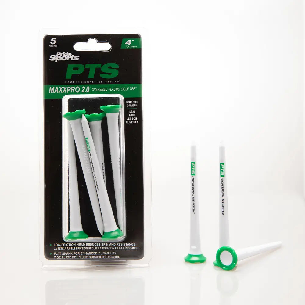 Packaged PTS MaxxPro 2.0 golf tees with three tees on a white background