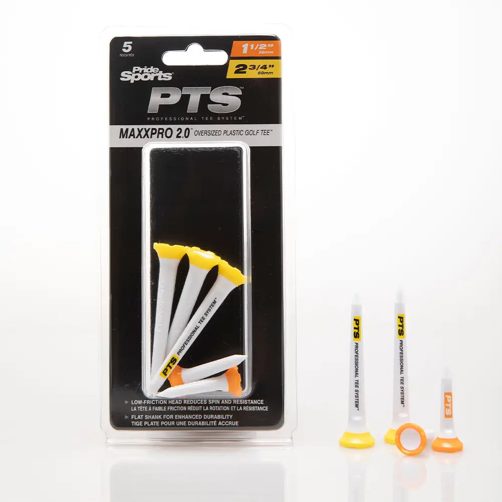 Packaging of PTS MaxxPro 2.0 golf tees with visible branding on a white background