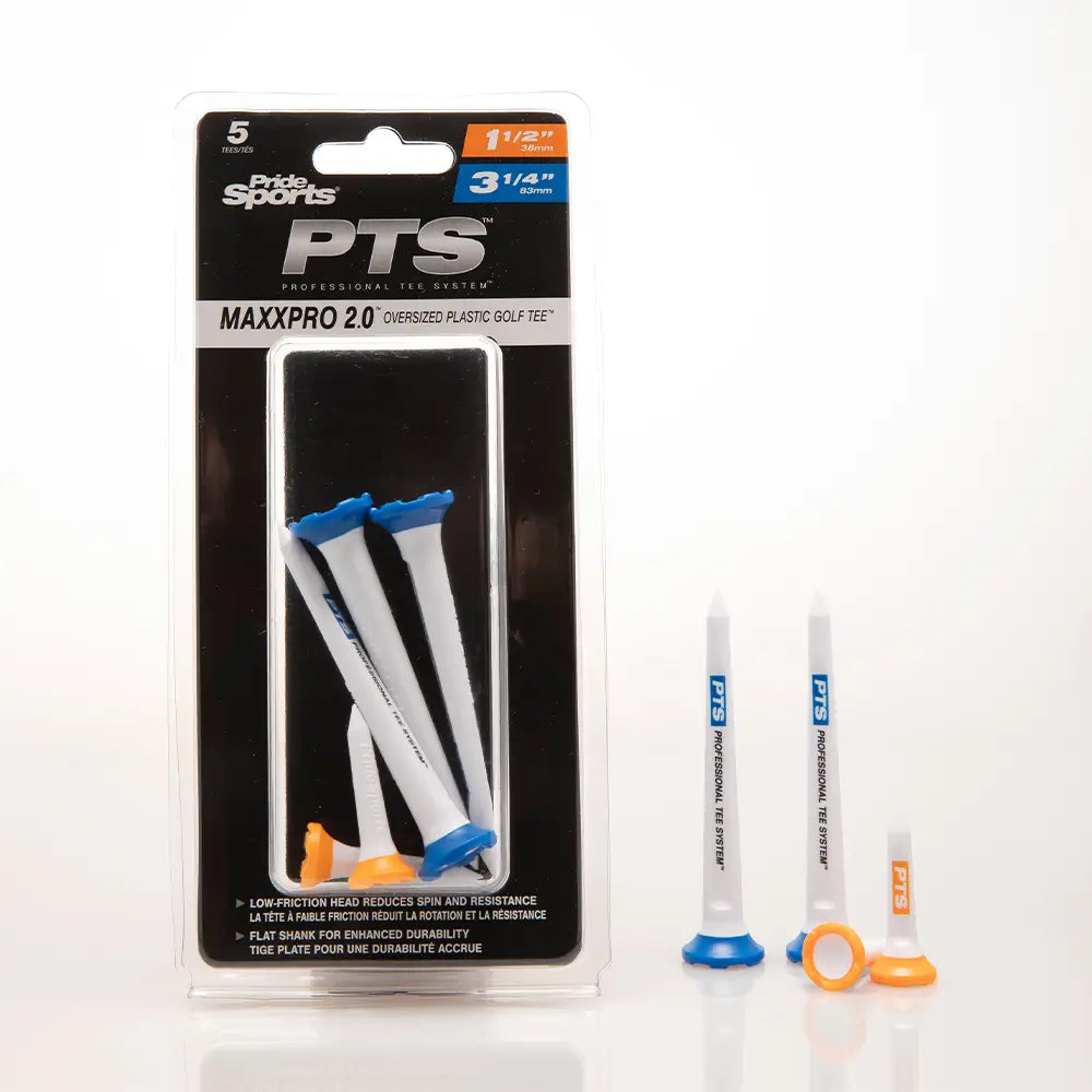 Pride Sports PTS MaxxPro 2.0 golf tees packaging with four tees displayed in front.