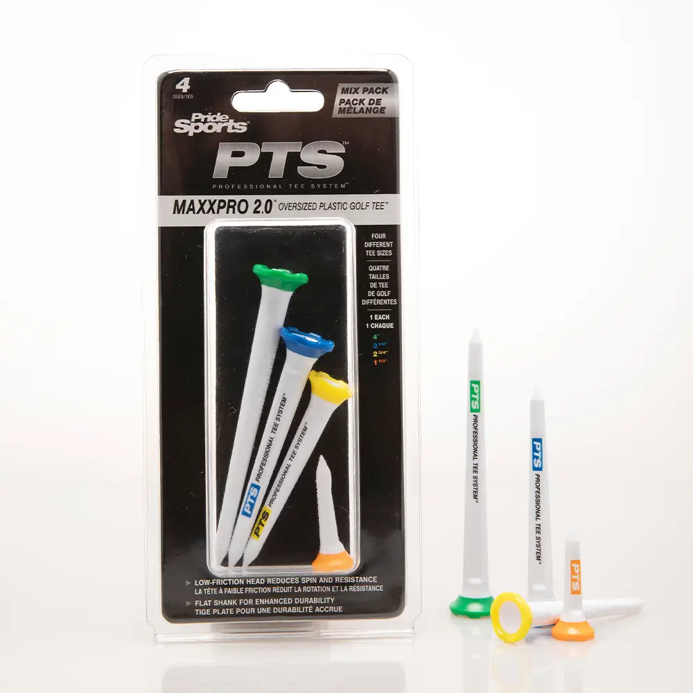 Packaged golf tees with colorful ends and PTS branding on a white background
