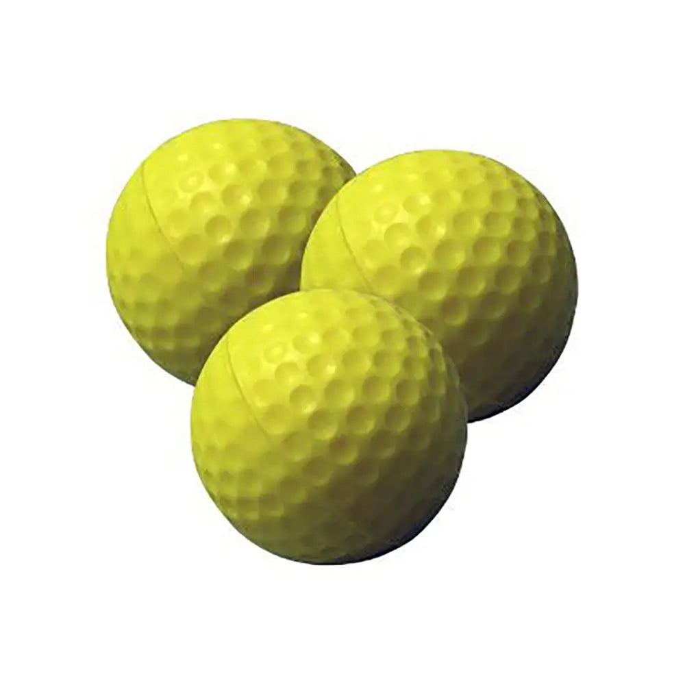 Three yellow foam practice golf balls on a white background