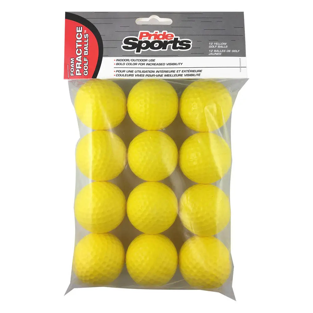 Pack of yellow foam practice golf balls with PrideSports branding on a white background