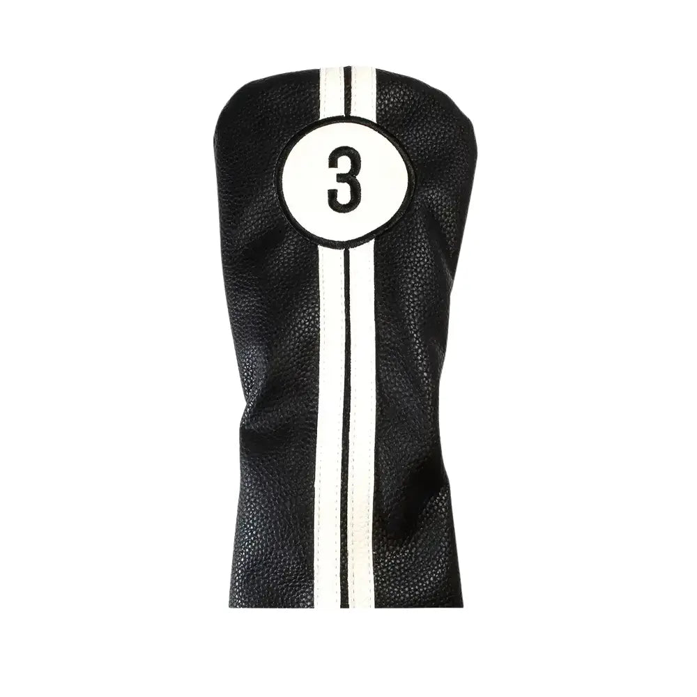 Black golf club head cover with number 3 and white stripes on a white background