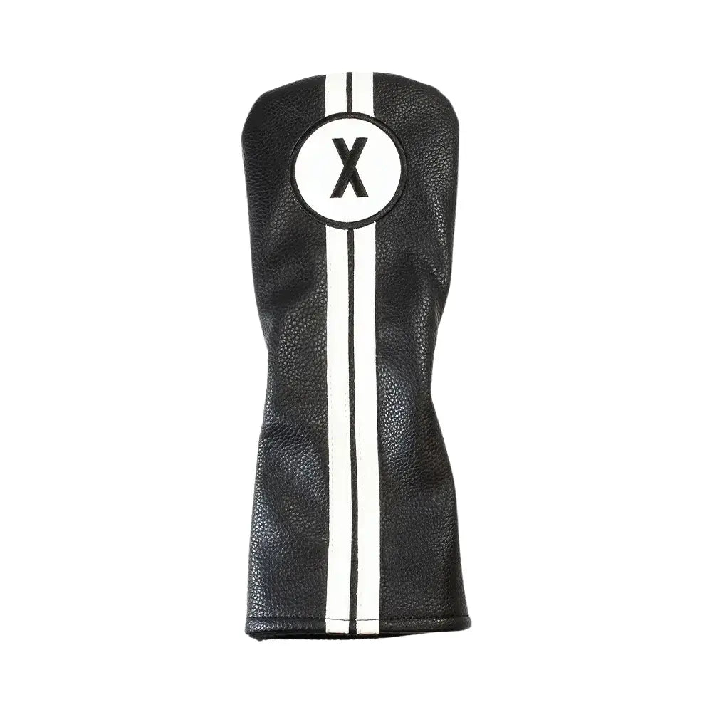 Black golf club head cover with a white 'X' logo on a white background