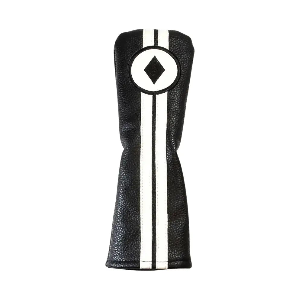 Black golf club head cover with white stripes and a diamond logo on a white background